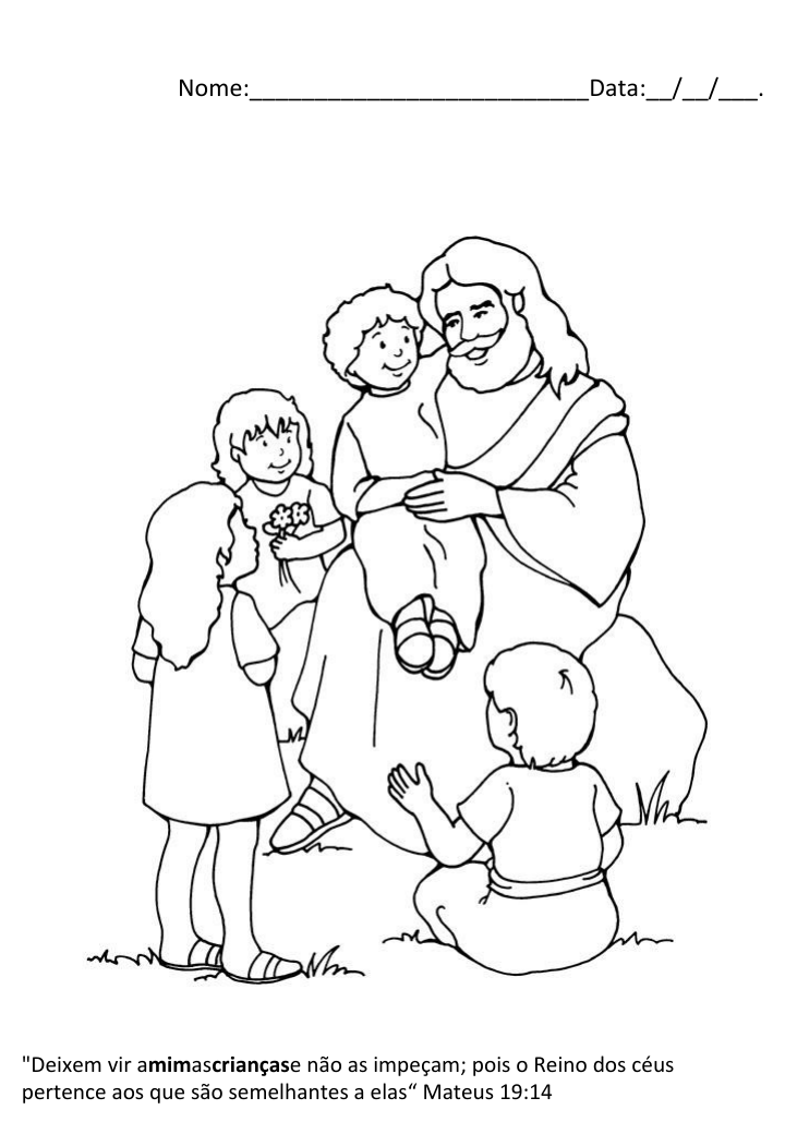 Página para colorir com Jesus e crianças